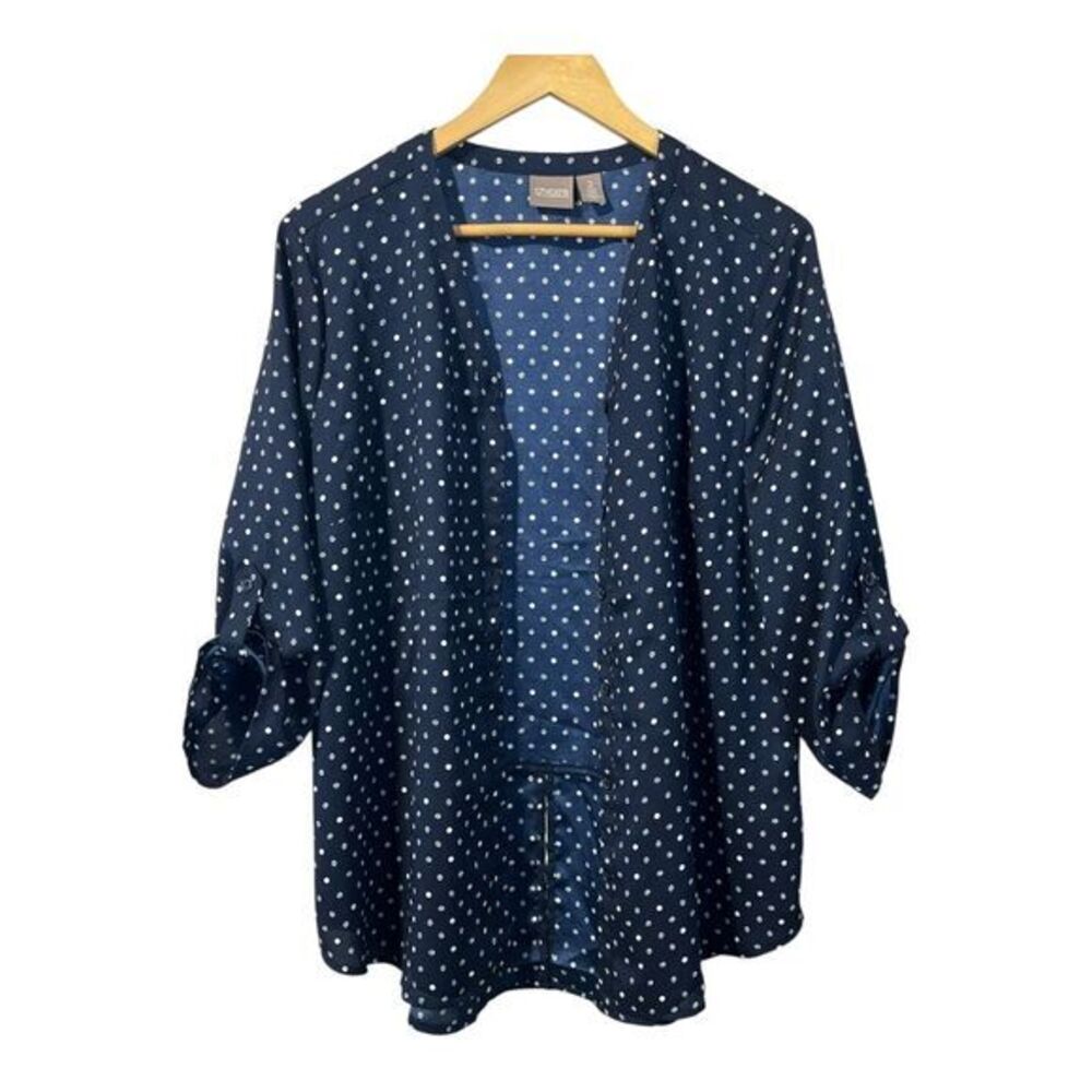 Chico's Button Down Blouse Womens‎ 2 Large Navy Blue Polka Dot Roll Tab Sleeve